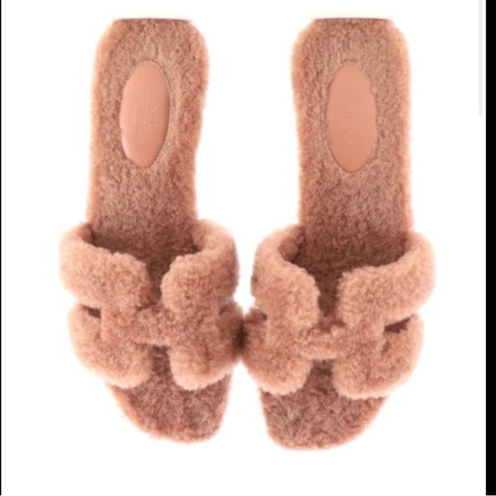 Authentic Hermes Shearling Oran Rose Aube Sandal Limited Edition Size 38.5